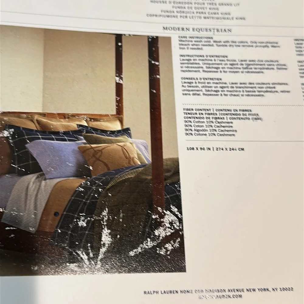 Ralph Lauren King Modern Equestrian Navy/Cream Windowpane Cotton Cashmere Duvet